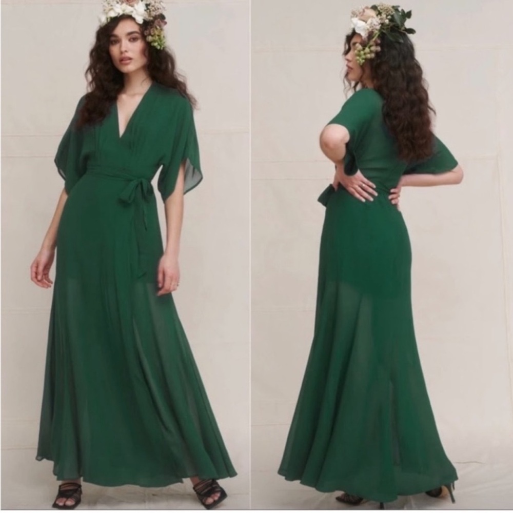 Reformation Winslow Short Sleeve Wrap Dress in Emerald Green Small Whimsical USA - Picture 11 of 16